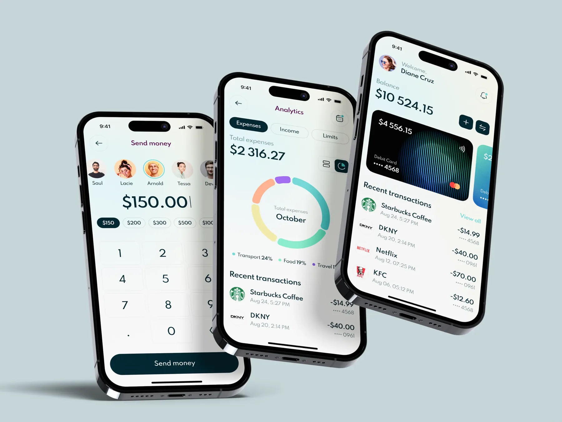 Mobile banking app showing account balance, spending analytics, transfers and recent transactions